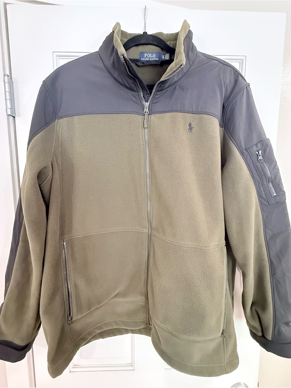 Polo by Ralph Lauren Men's Olive Green Fleece Jacket with Contrast Shoulders